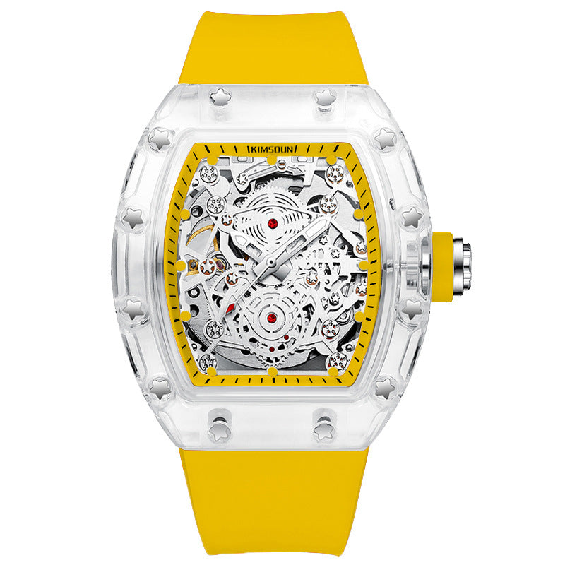 Fashion Hollowed Men Watches Tonneau Transparent Analog Display Silicone Strap Calendar Quartz Waterproof Trend Male Wrist Watch